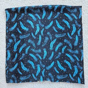 Hand-Rolled Silk Scarf Blue Feathers on Black Background Bird
